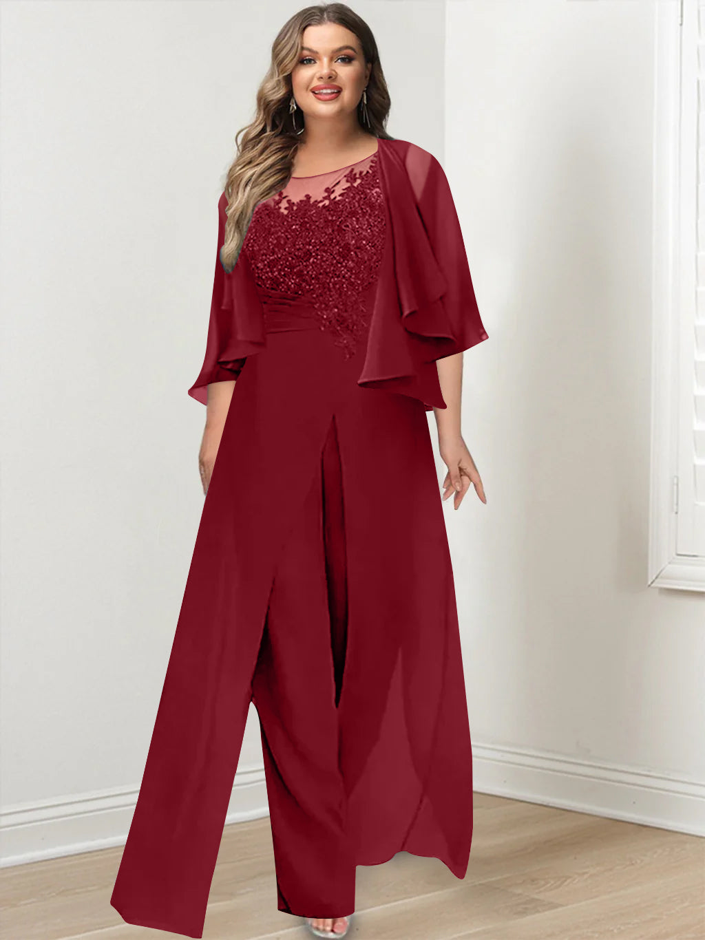 A-Line/Princess Scoop Floor-Length Plus Size Mother Of The Bride Jumpsuits With Jacket, Split Side & Appliques BabaMila
