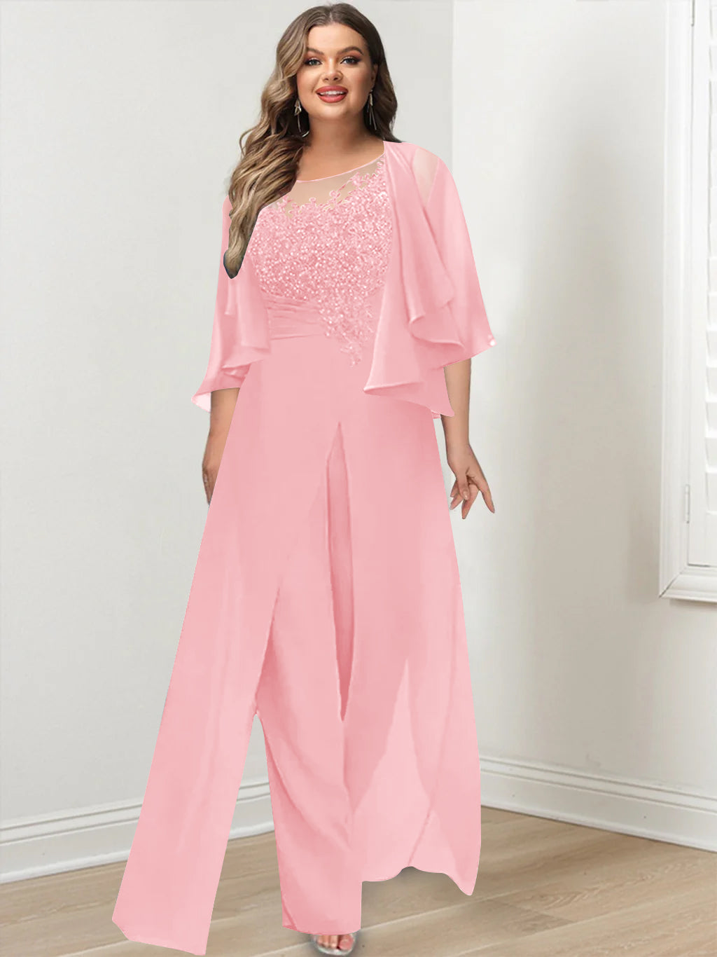 A-Line/Princess Scoop Floor-Length Plus Size Mother Of The Bride Jumpsuits With Jacket, Split Side & Appliques BabaMila