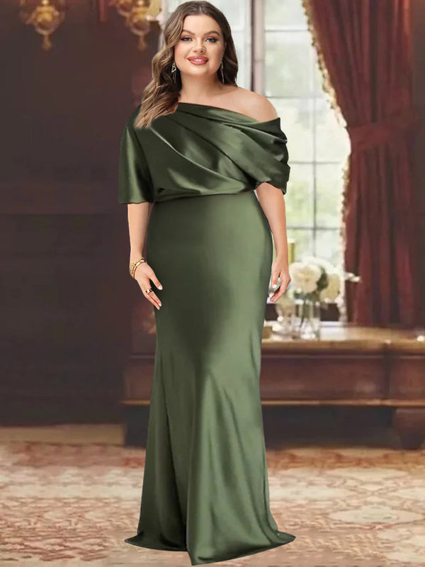 Sheath/Column One-Shoulder Floor-Length Plus Size Mother Of The Bride Dresses With Ruffles BabaMila
