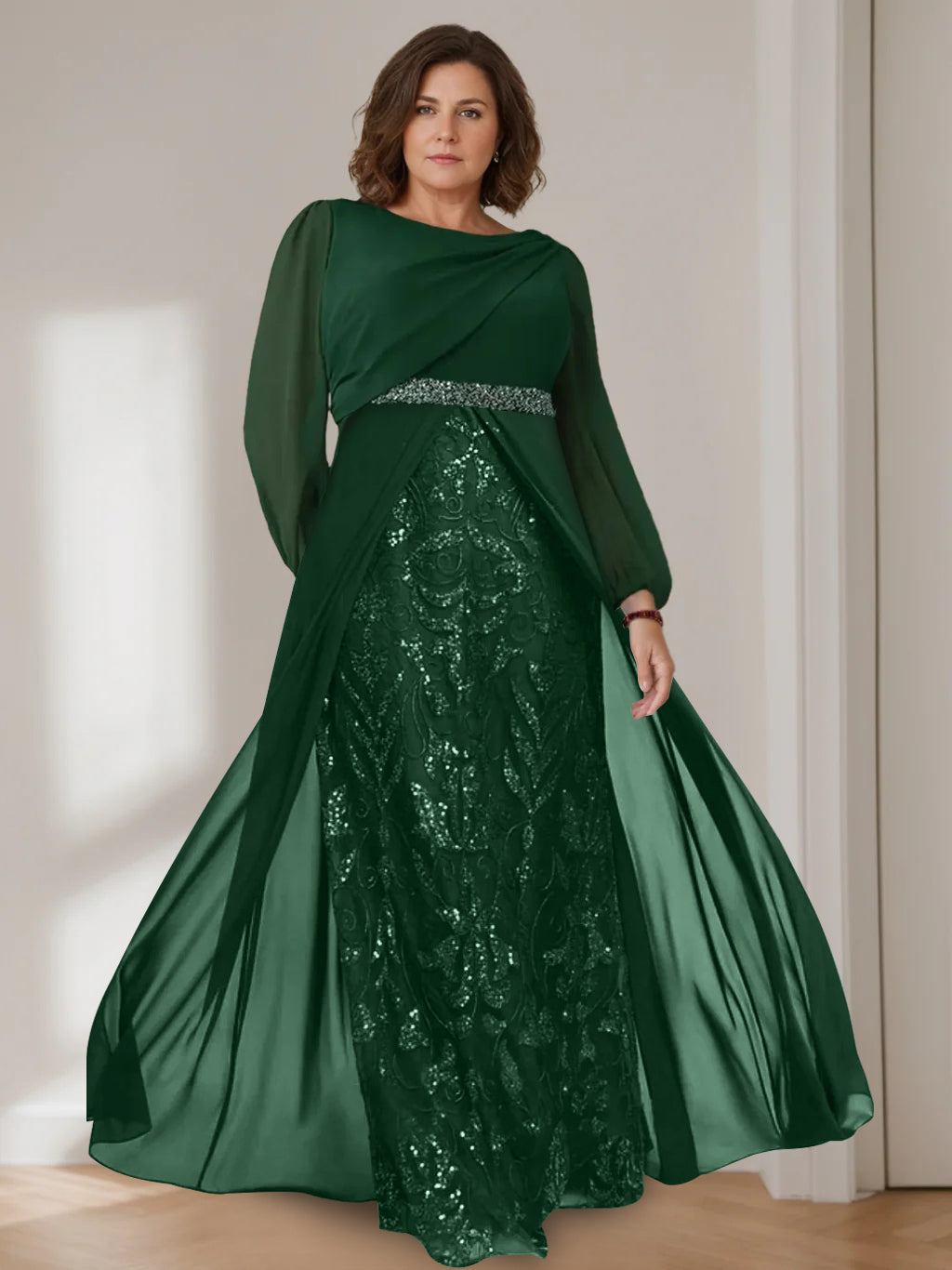 A-Line/Princess Scoop Long Sleeves Floor-Length Plus Size Mother Of The Bride Dresses With Sequins BabaMila