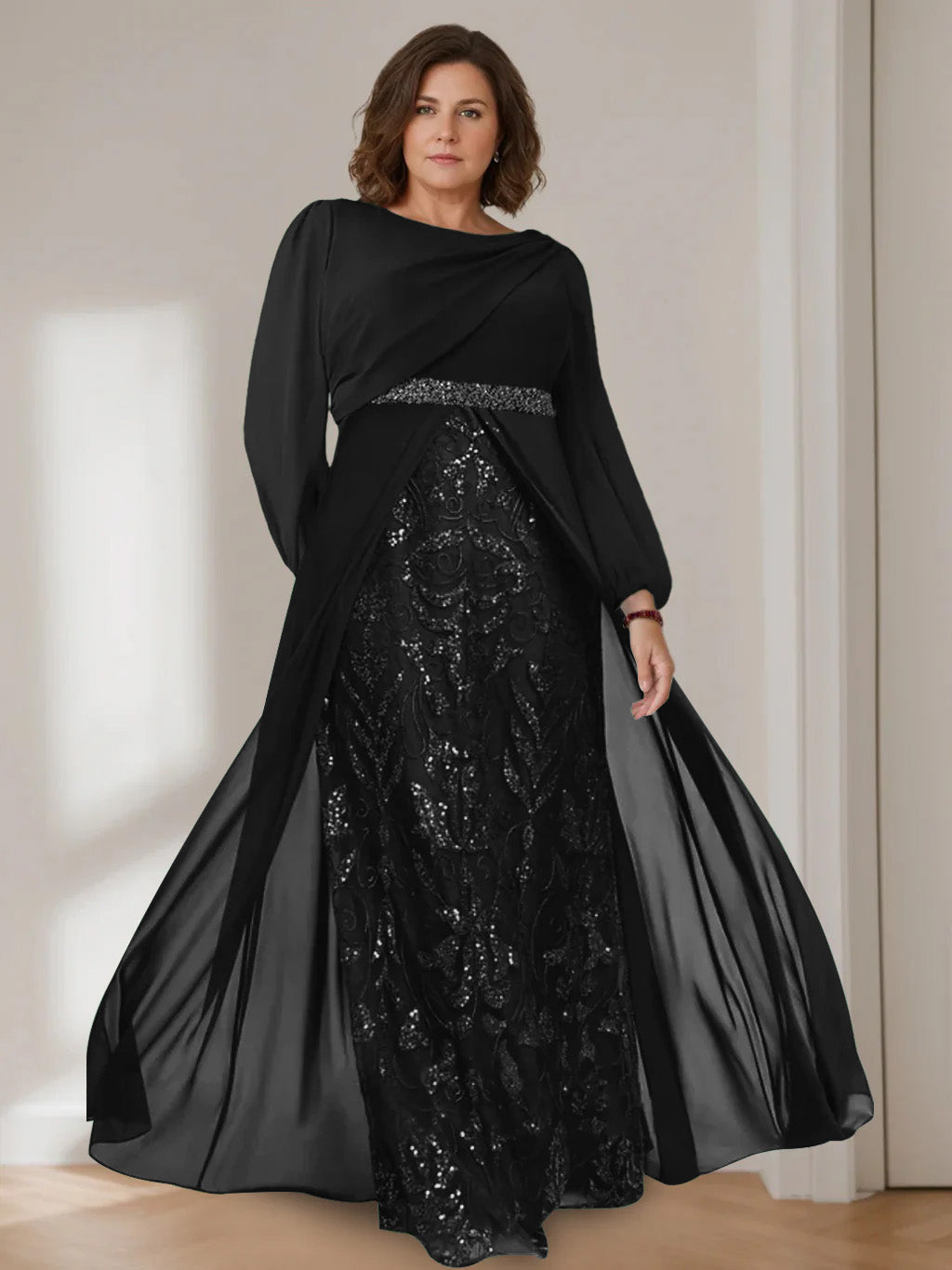 A-Line/Princess Scoop Long Sleeves Floor-Length Plus Size Mother Of The Bride Dresses With Sequins BabaMila