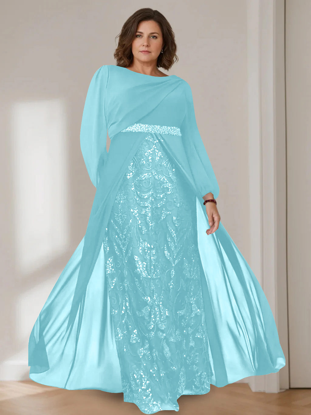 A-Line/Princess Scoop Long Sleeves Floor-Length Plus Size Mother Of The Bride Dresses With Sequins BabaMila