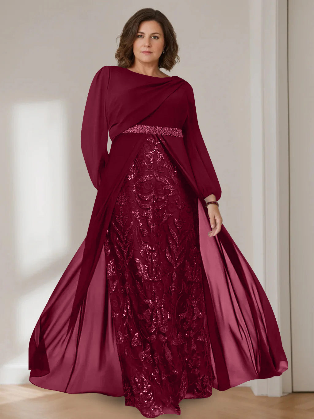 A-Line/Princess Scoop Long Sleeves Floor-Length Plus Size Mother Of The Bride Dresses With Sequins BabaMila