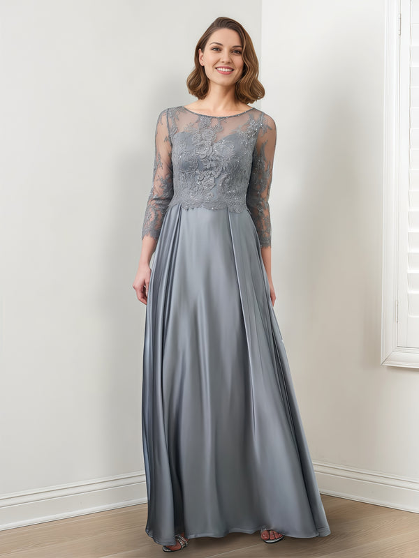 Boat Neck 3/4 Sleeve A-Line Illusion Floor-Length Lace/Satin Mother of the Bride Dress With Sequins/Appliques BabaMila