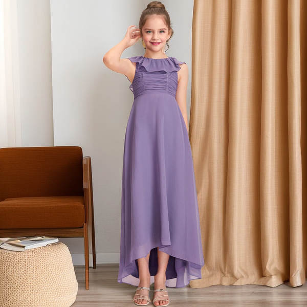 Boat Neck Sleeveless Asymmetrical Floor-Length Chiffon Junior Bridesmaid Dress/Girls Birthday Dresses With Pleated/Ruffled Hem Girls Gidiondress