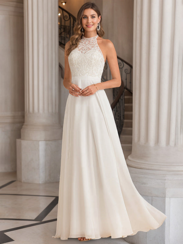 A-Line/Princess Halter Neck Sleeveless Floor-Length Wedding Dress with Lace Embroidery BabaMila