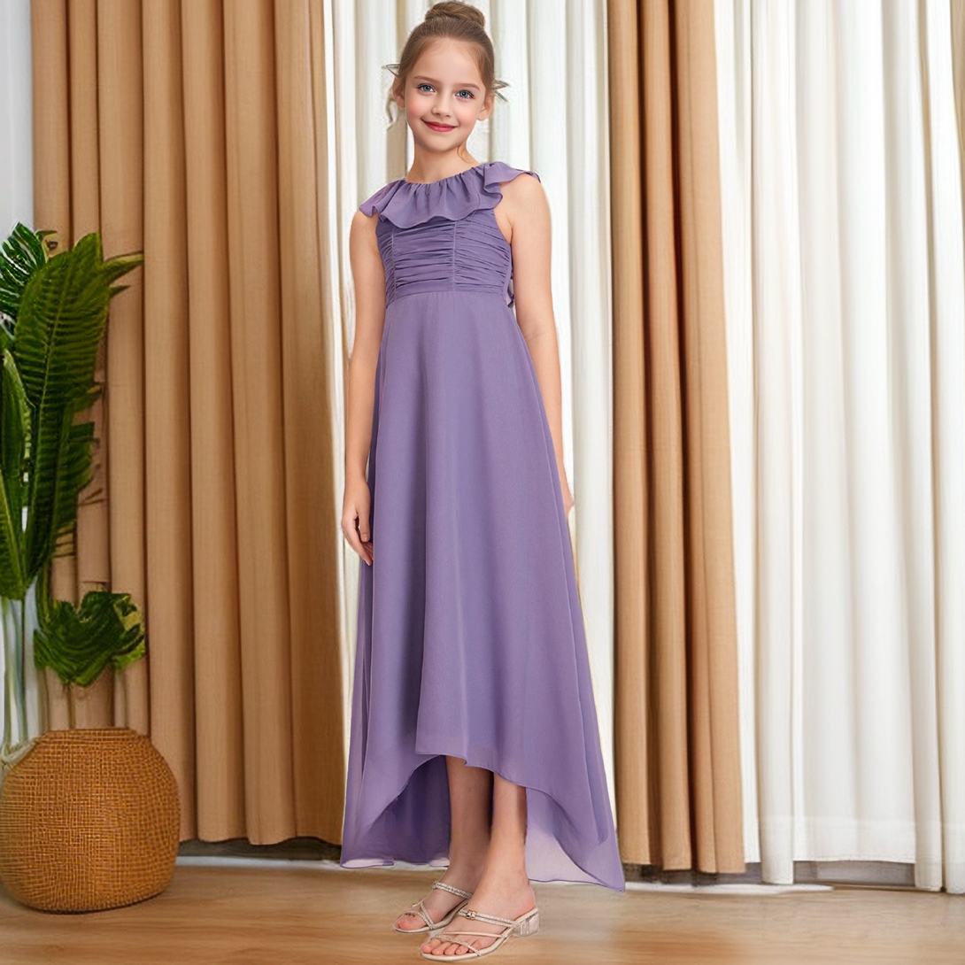 Boat Neck Sleeveless Asymmetrical Floor-Length Chiffon Junior Bridesmaid Dress/Girls Birthday Dresses With Pleated/Ruffled Hem Girls Gidiondress