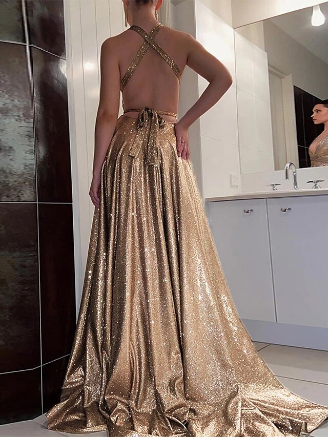 A-Line/Princess Halter Sleeveless Floor-length Prom Dresses With Sequins BabaMila