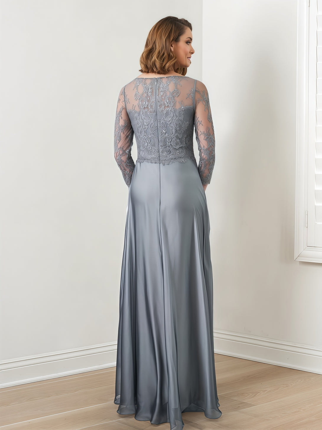 Boat Neck 3/4 Sleeve A-Line Illusion Floor-Length Lace/Satin Mother of the Bride Dress With Sequins/Appliques BabaMila