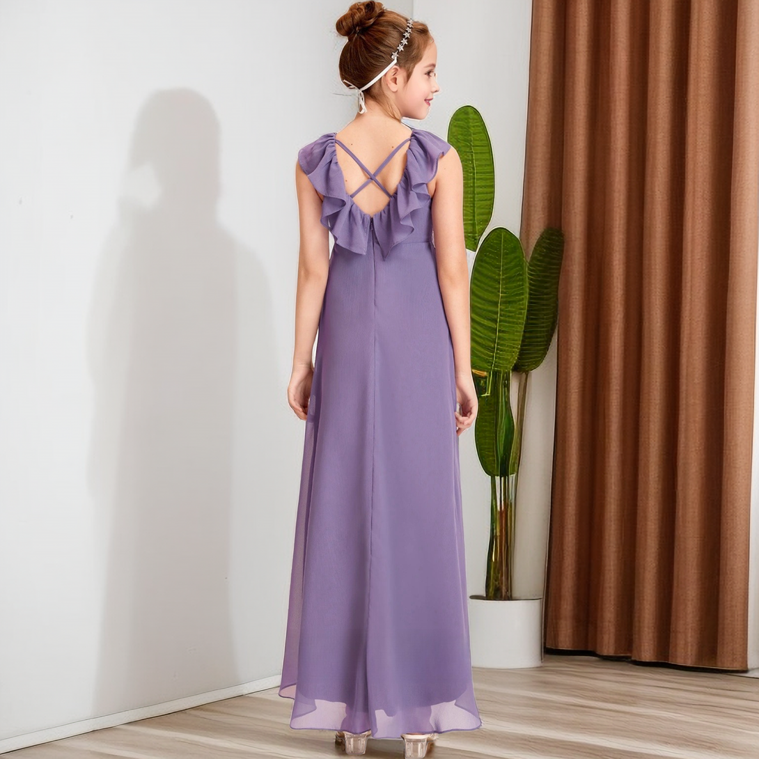 Boat Neck Sleeveless Asymmetrical Floor-Length Chiffon Junior Bridesmaid Dress/Girls Birthday Dresses With Pleated/Ruffled Hem Girls Gidiondress