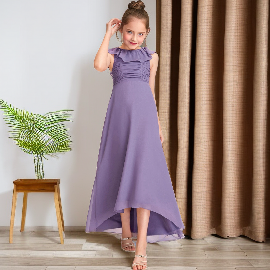 Boat Neck Sleeveless Asymmetrical Floor-Length Chiffon Junior Bridesmaid Dress/Girls Birthday Dresses With Pleated/Ruffled Hem Girls Gidiondress