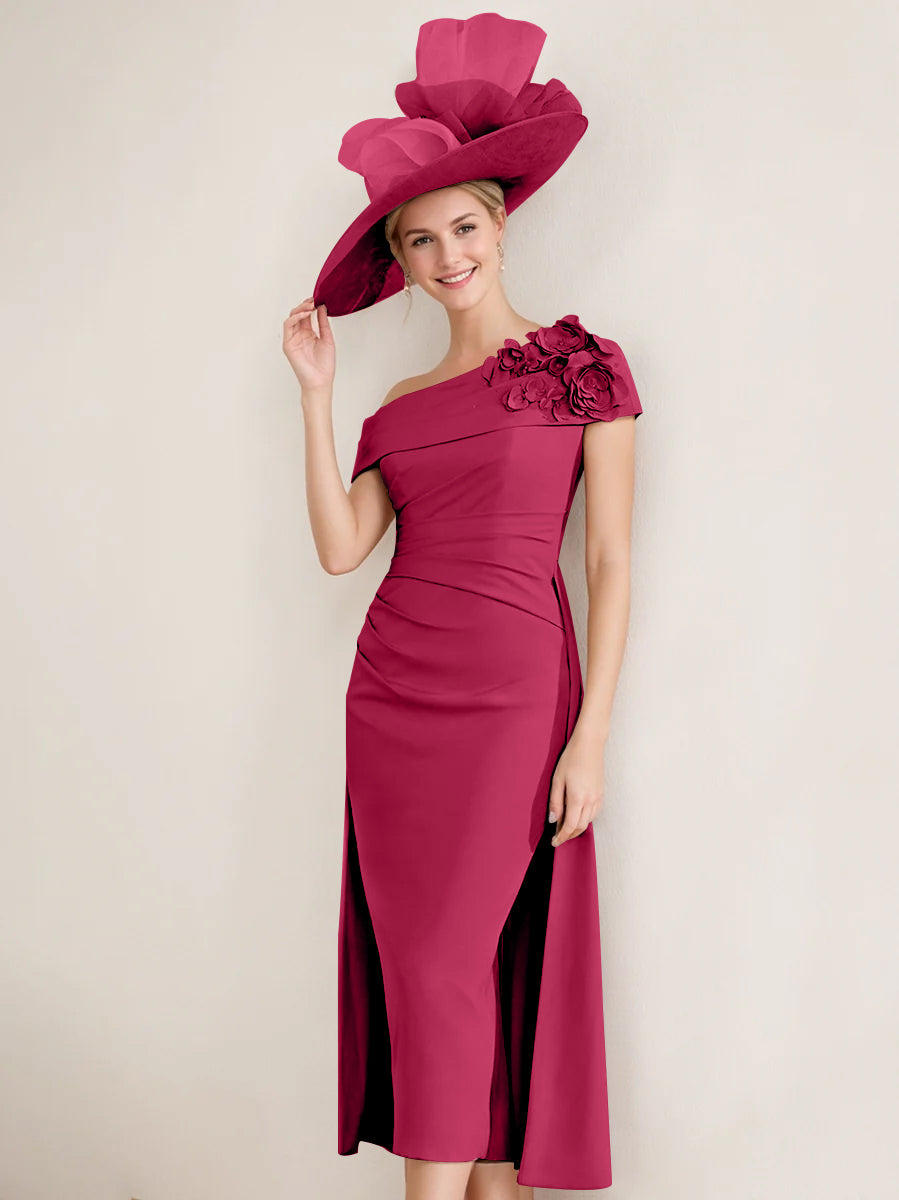 Sheath/Column Off-The-Shoulder Pleated Tea-Length Mother Of The Bride Dresses With 3D Flower BabaMila