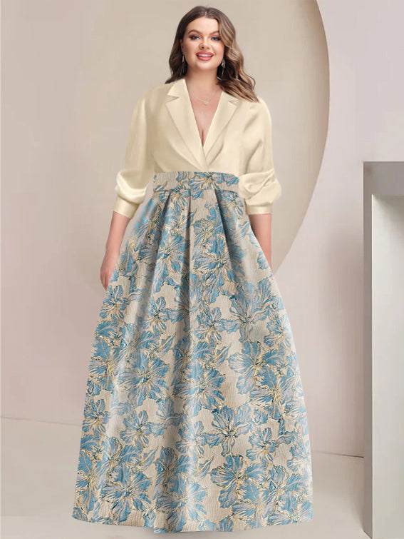 A-Line/Princess Shirt Collar 3/4 Sleeves Printed Flower Plus Size Mother Of The Bride & Groom Dresses BabaMila