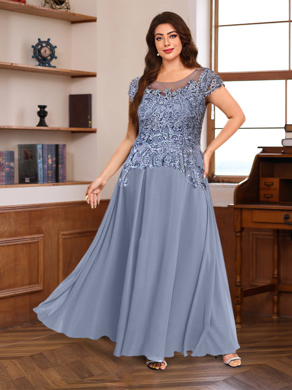 A-Line/Princess Scoop Neck Short Sleeves Floor-Length Plus Size Mother Of The Bride Dresses With Appliques BabaMila
