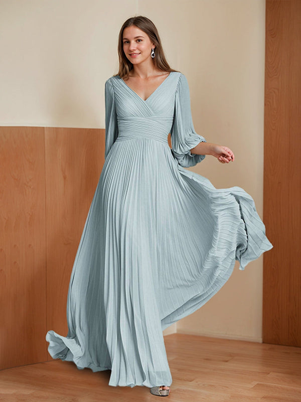 A-Line/Princess V-Neck 3/4 Sleeves Pleated Chiffon Chic Mother Of The Bride & Groom Dresses BabaMila