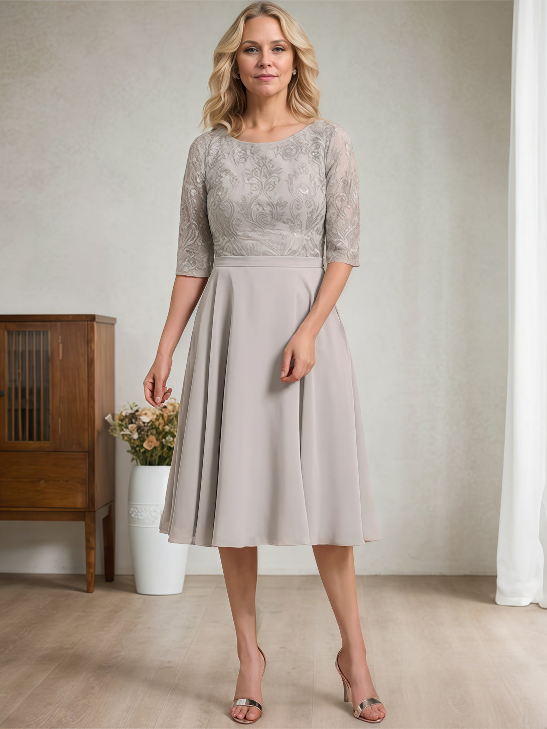 Scoop Neck Half Sleeve A-Line Tea-Length Lace/Chiffon Mother of the Bride Dress With Belt/Appliques BabaMila