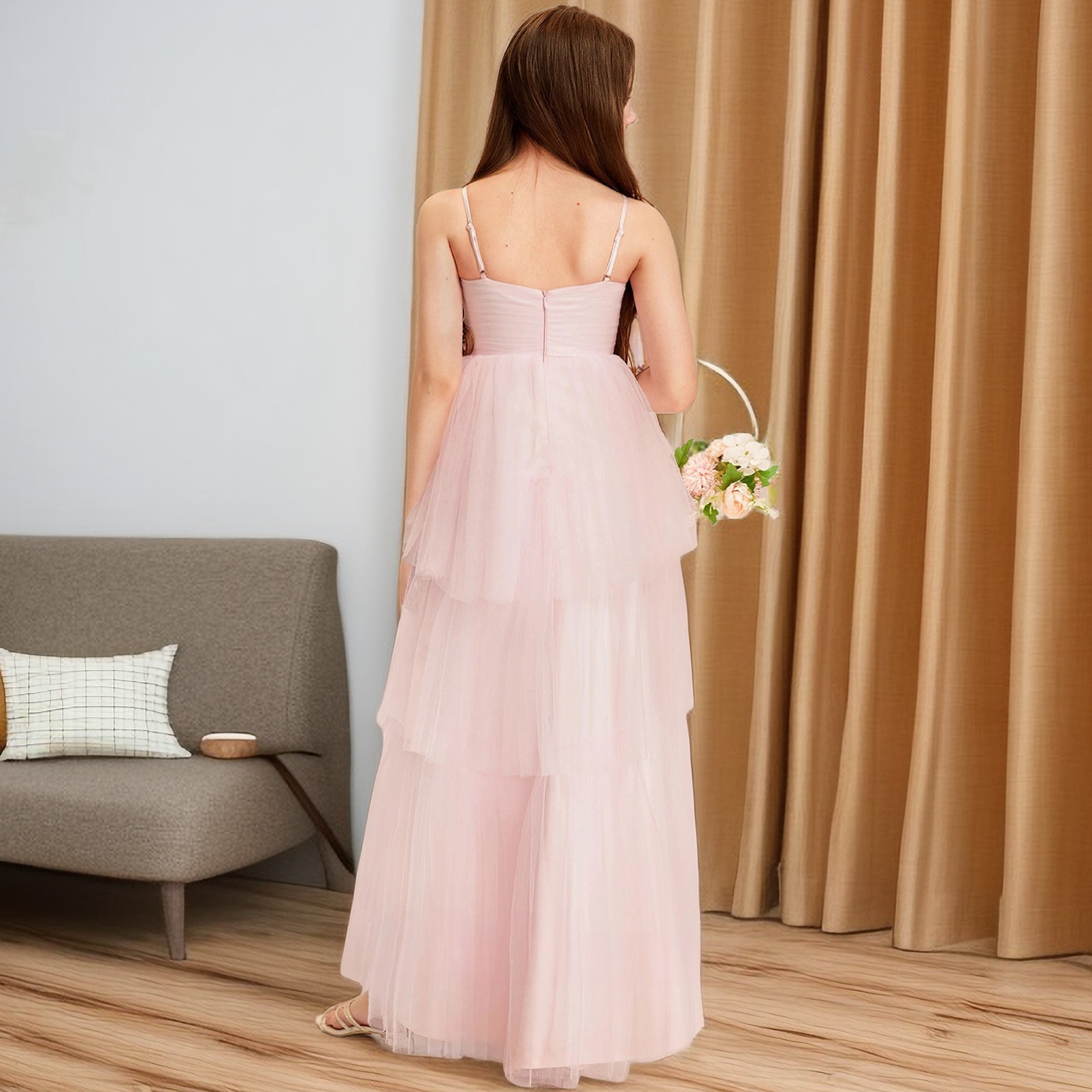 Square Neck Spaghetti Straps Asymmetrical Tulle/Satin Flower Girl Dresses/Girl's Cake Dresses With Pleated Girls Gidiondress
