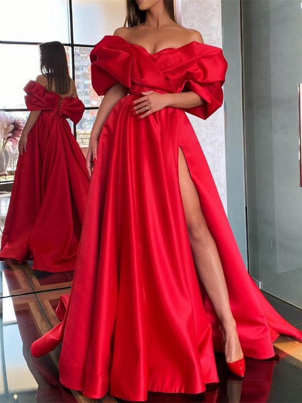 A-Line/Princess Off-the-Shoulder Puff Sleeve Floor-length Prom Dresses With Split Side BabaMila
