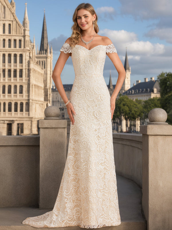 Trumpet/Mermaid Sweetheart Off-the-Shoulder Floor-Length Wedding Dresses with Appliques BabaMila