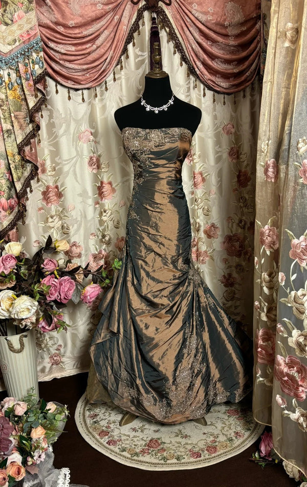 Trumpet/Mermaid Strapless Sleeveless Floor-Length Taffeta Prom Dresses with Ruffles/Embroidery/Beads BabaMila