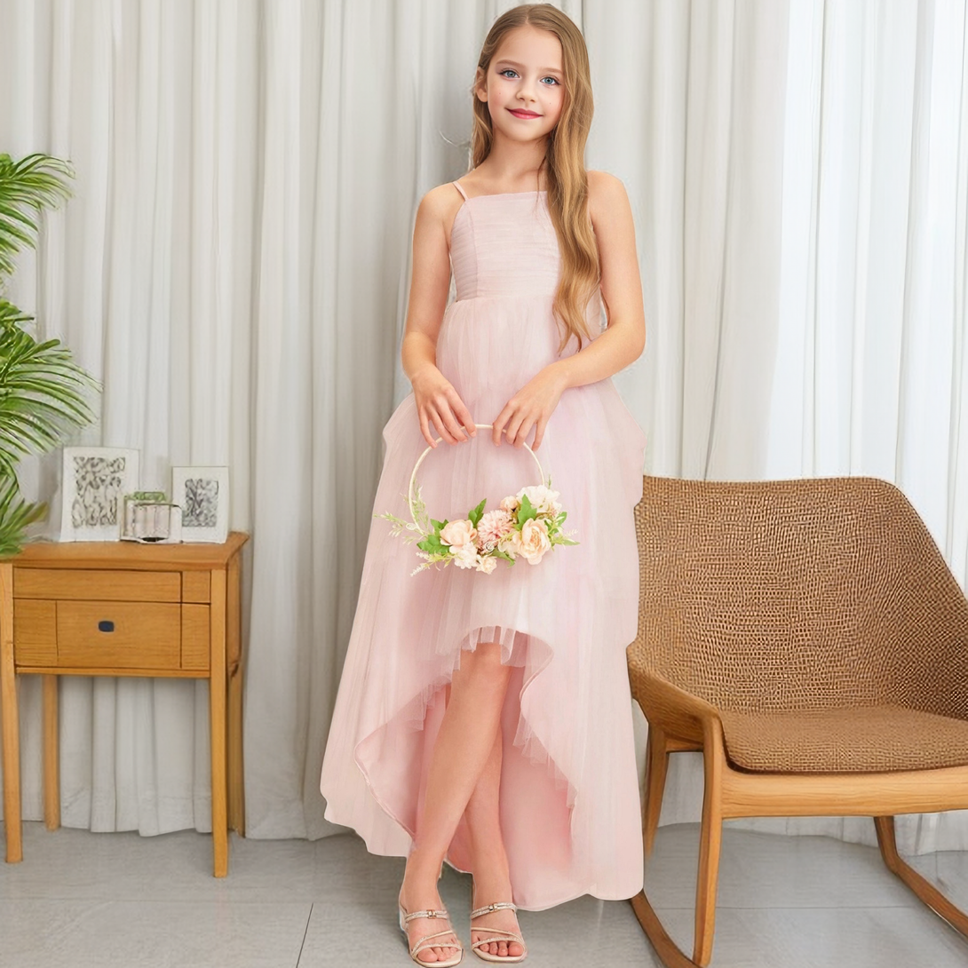 Square Neck Spaghetti Straps Asymmetrical Tulle/Satin Flower Girl Dresses/Girl's Cake Dresses With Pleated Girls Gidiondress