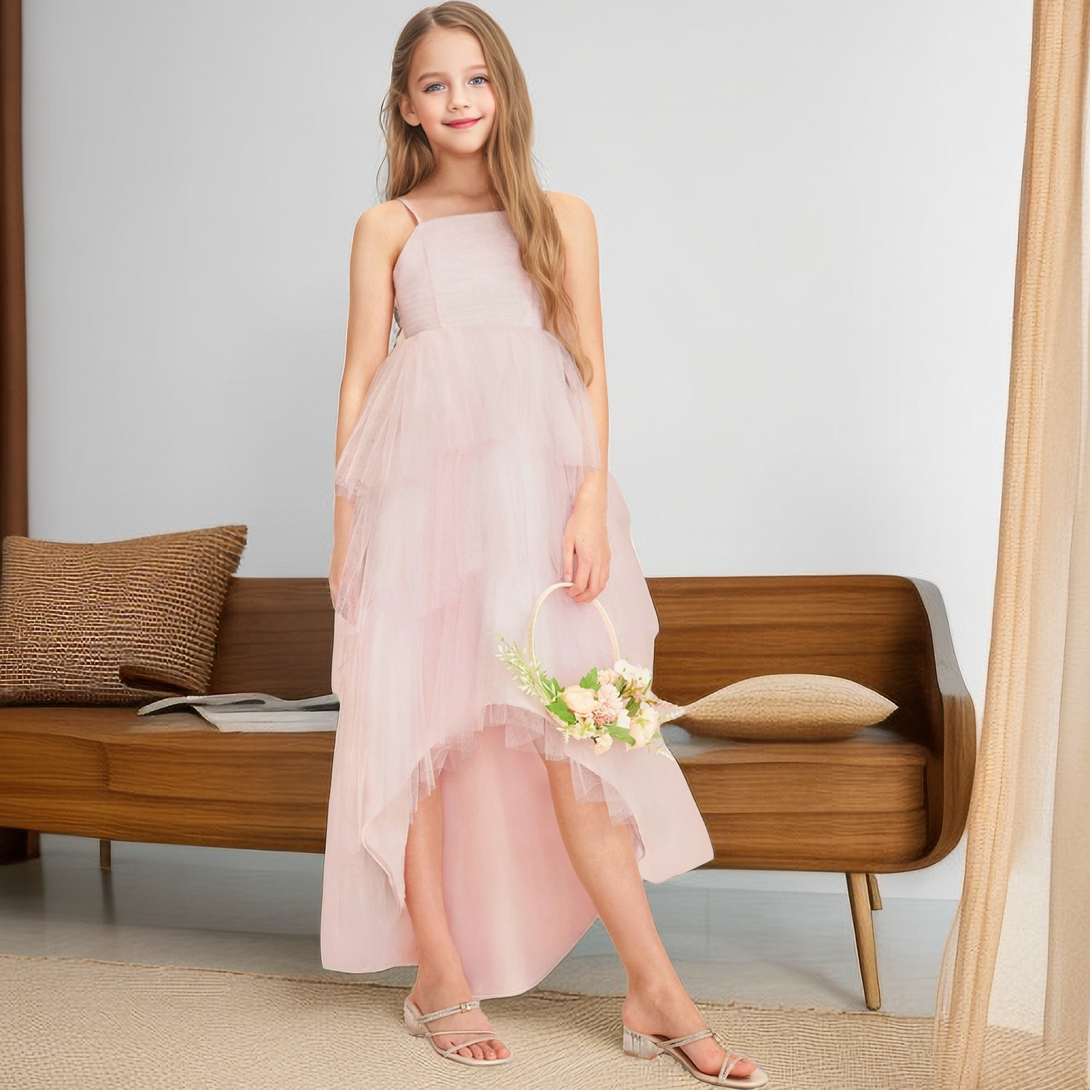 Square Neck Spaghetti Straps Asymmetrical Tulle/Satin Flower Girl Dresses/Girl's Cake Dresses With Pleated Girls Gidiondress