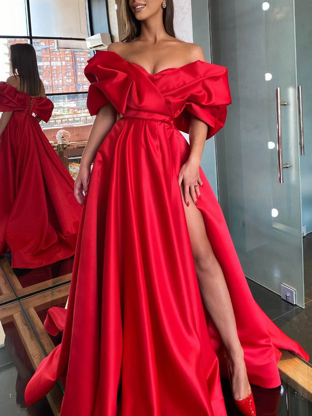 A-Line/Princess Off-the-Shoulder Puff Sleeve Floor-length Prom Dresses With Split Side BabaMila