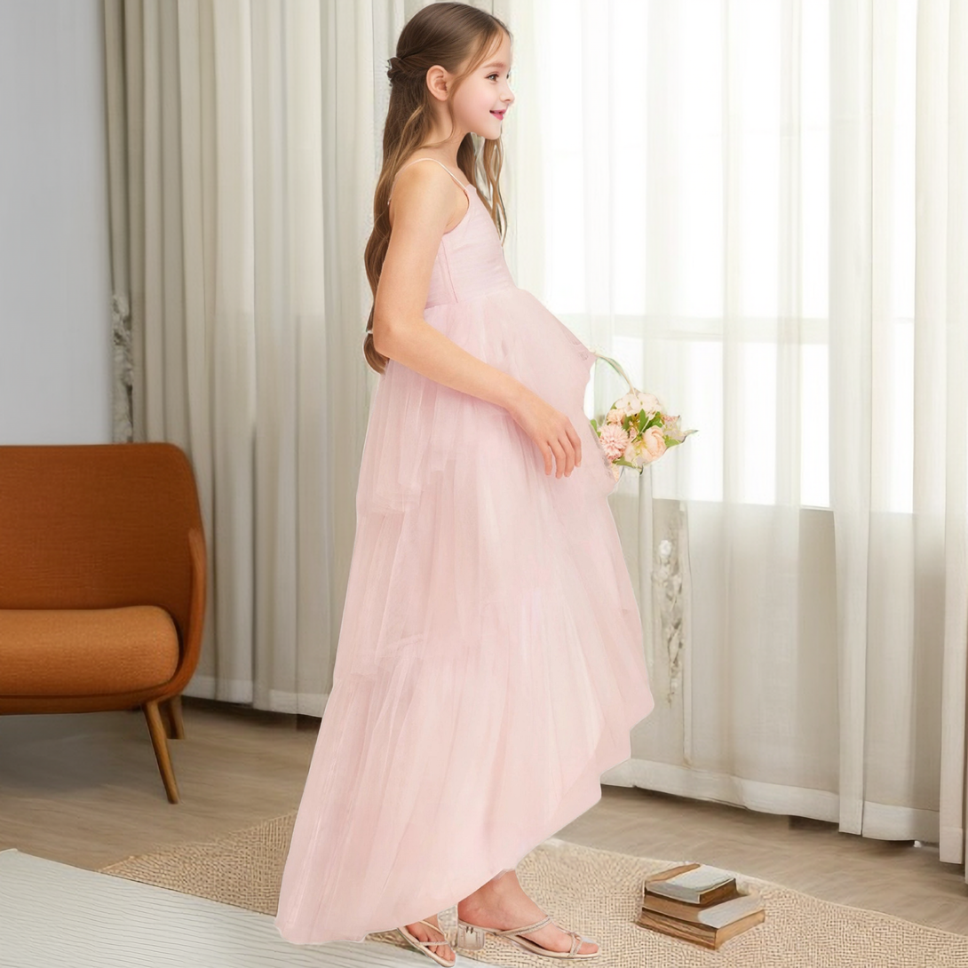 Square Neck Spaghetti Straps Asymmetrical Tulle/Satin Flower Girl Dresses/Girl's Cake Dresses With Pleated Girls Gidiondress