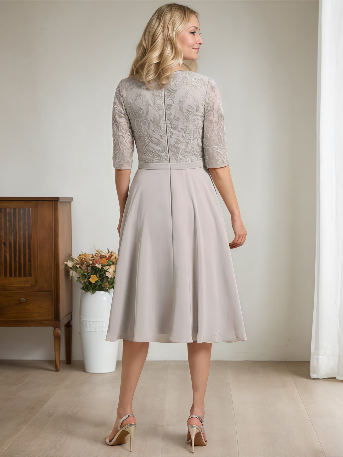 Scoop Neck Half Sleeve A-Line Tea-Length Lace/Chiffon Mother of the Bride Dress With Belt/Appliques BabaMila