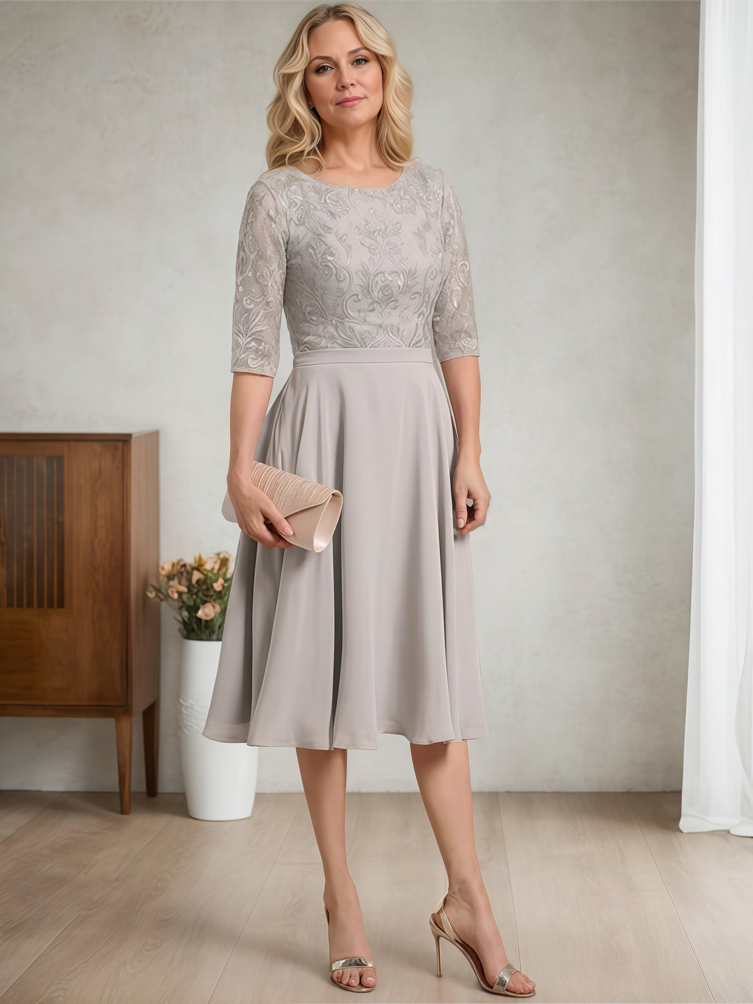 Scoop Neck Half Sleeve A-Line Tea-Length Lace/Chiffon Mother of the Bride Dress With Belt/Appliques BabaMila