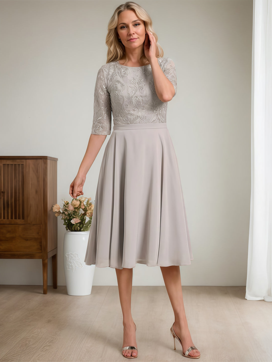 Scoop Neck Half Sleeve A-Line Tea-Length Lace/Chiffon Mother of the Bride Dress With Belt/Appliques BabaMila