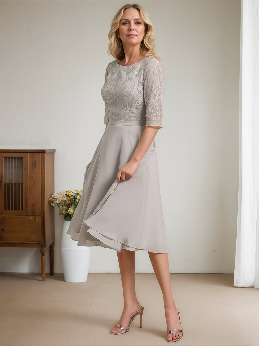 Scoop Neck Half Sleeve A-Line Tea-Length Lace/Chiffon Mother of the Bride Dress With Belt/Appliques BabaMila