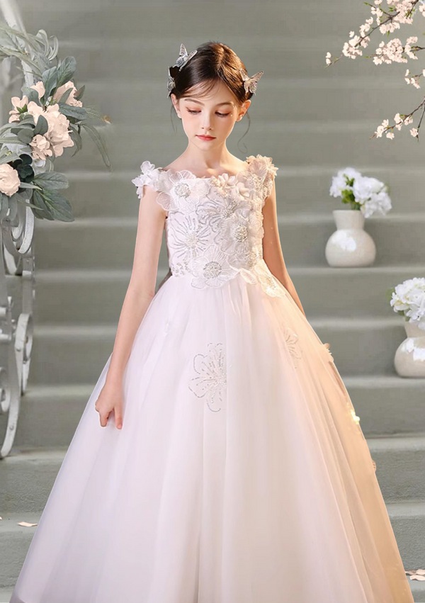 Ball Gown Boat Neck Sleeveless Floor-Length Tulle/Lace/Sequins Flower Girl Dresses With 3D Flower/Appliques Girls Gidiondress