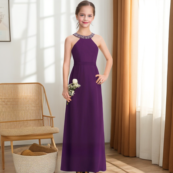 Floor-Length Chiffon Junior Bridesmaid Dresses/Girls Birthday Dresses With Beads/Belt Girls Gidiondress