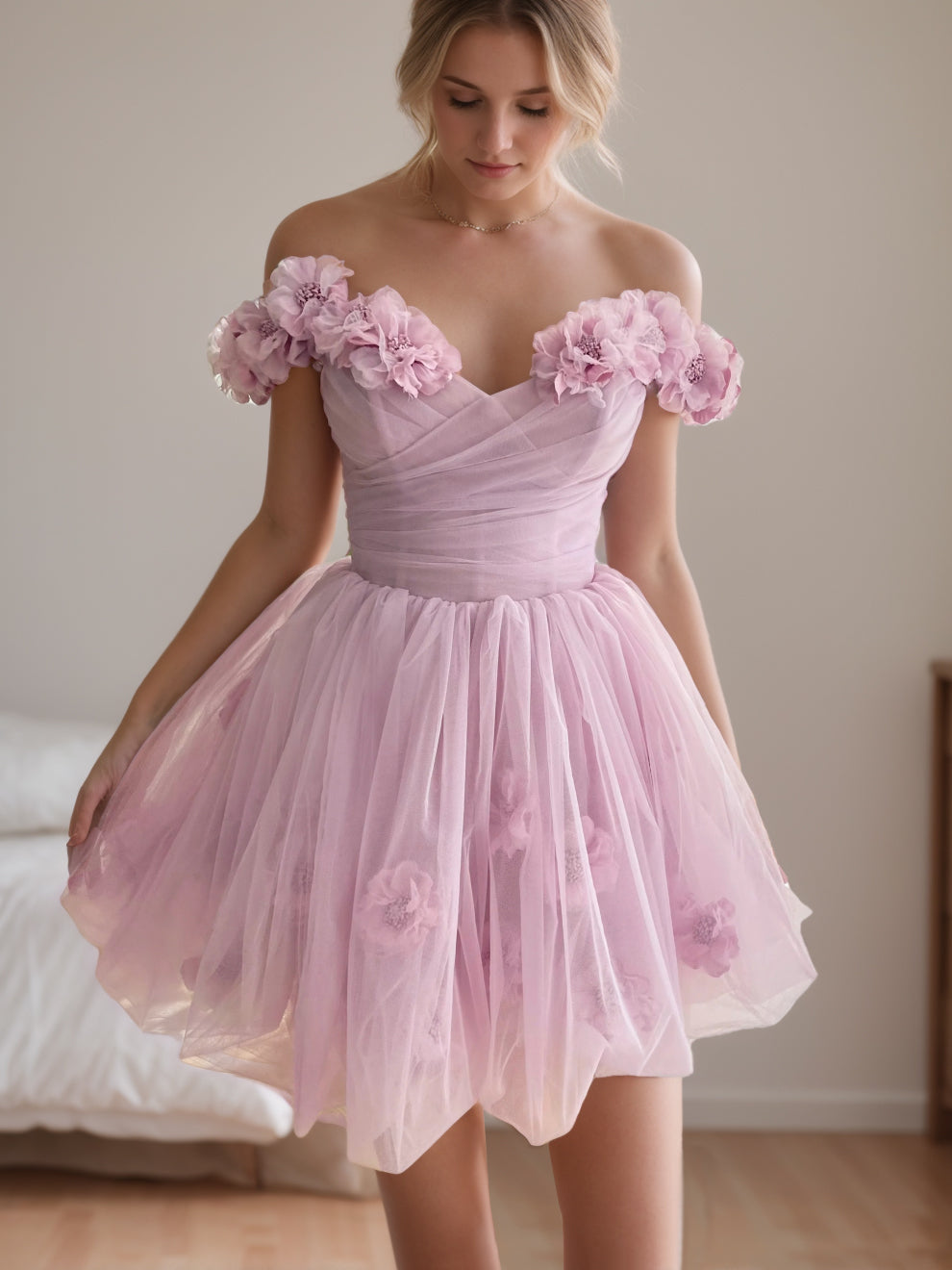A-Line/Princess Sweetheart Off-the-shoulder Straps Sleeves Short/Mini Party Dance Cocktail Homecoming Dress With Handmade Flowers/Pleats BabaMila