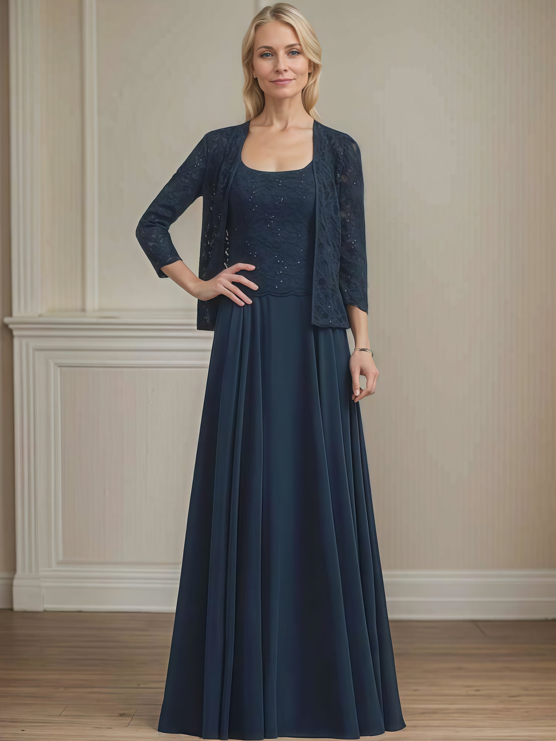 A-Line Square Neck Long Sleeve Floor-Length Lace/Chiffon/Sequins Mother of the Bride Dress With Jacket BabaMila
