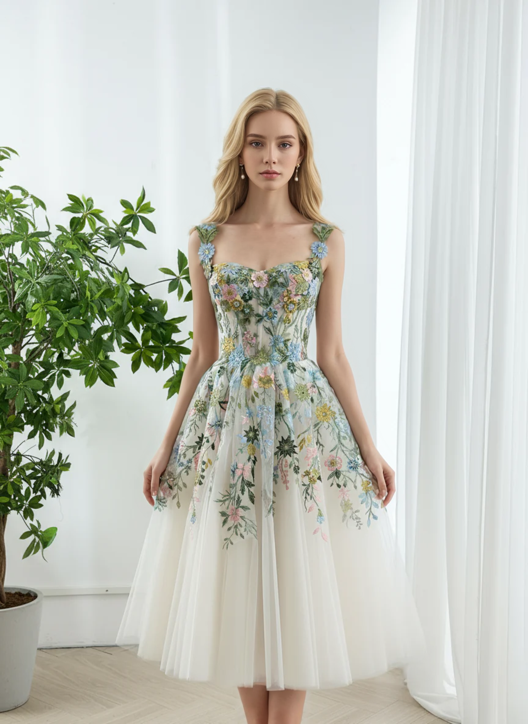 Floral Embroidered Tulle Midi Dress with Corset Bodice Lace Midi Dress Evening Party dress BabaMila