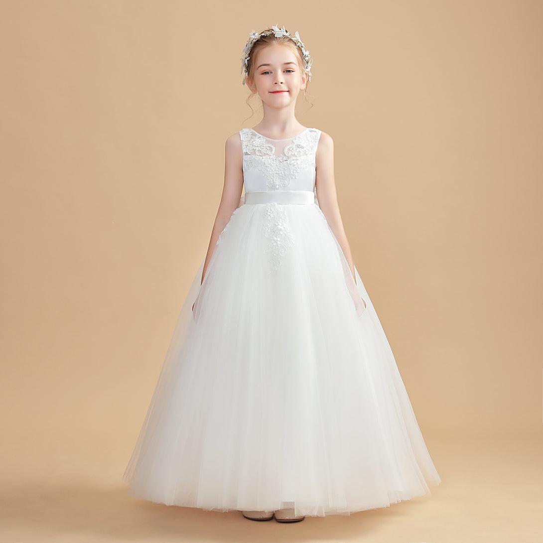Ball Gown Sleeveless Scoop Neck Floor-Length Tulle/Lace/Satin Flower Girl Dresses/First Communion Dress With Appliques/Bow Gidiondress