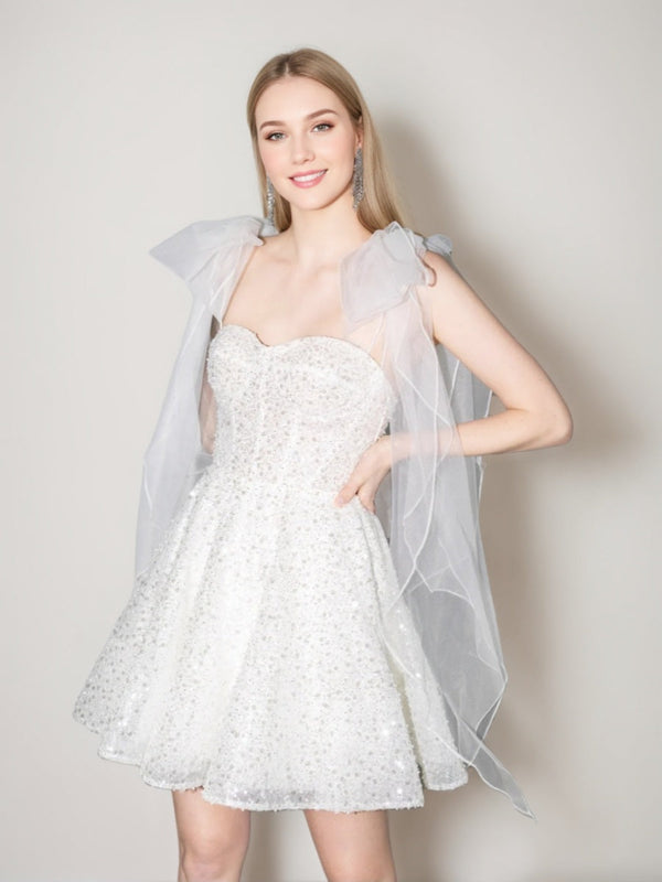 A-line/Princess Spaghetti Straps Short/Mini Homecoming Dresses with Detachable Tulle Bow Straps/Sequins BabaMila