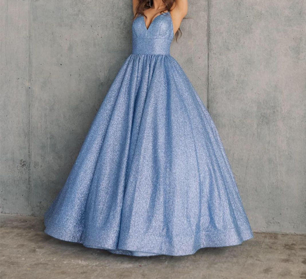 Ball Gown Spaghetti Straps V-Neck Blue Sequined Lace Floor-length Long Prom Dresses BabaMila