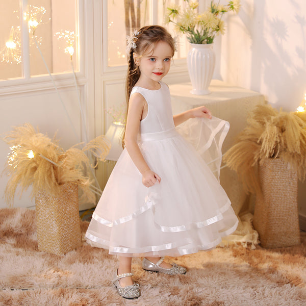 Princess Scoop Neck Sleeveless Tulle/Satin Ivory Tea-Length Flower Girl Dresses/Party Dresses With Belt Girls Gidiondress