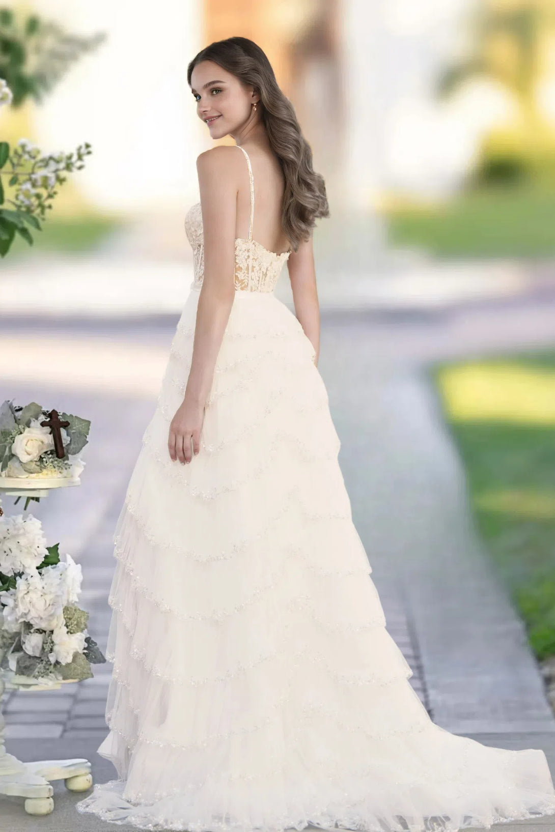 A-line Corset Tiered Ruffle Slit Prom Dress with Appliqued Sequins BabaMila