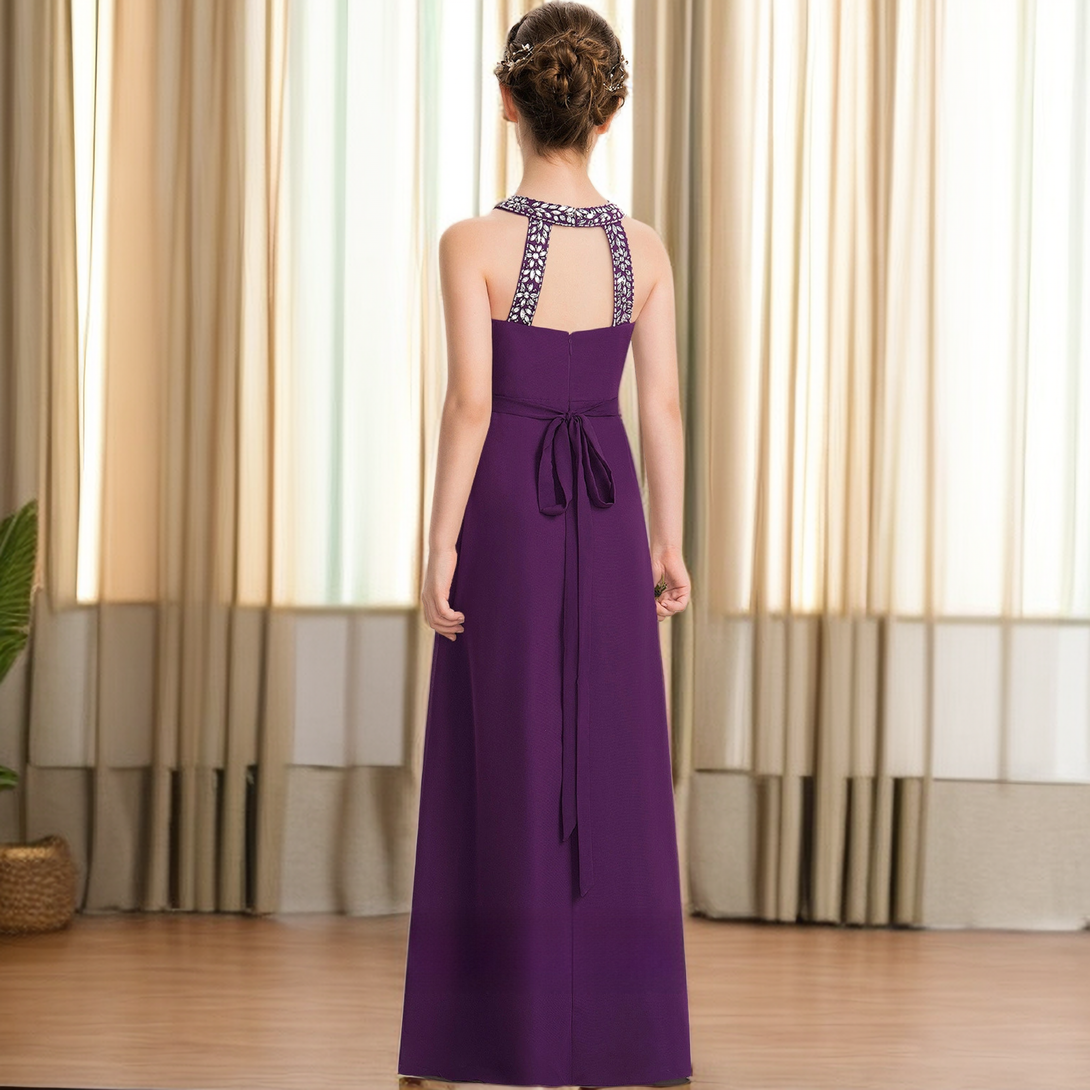 Floor-Length Chiffon Junior Bridesmaid Dresses/Girls Birthday Dresses With Beads/Belt Girls Gidiondress