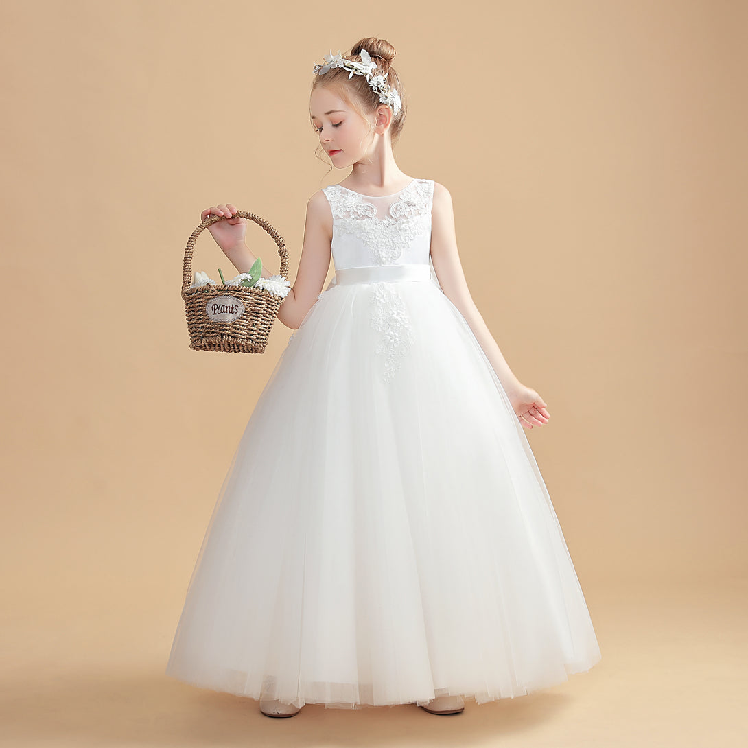 Ball Gown Sleeveless Scoop Neck Floor-Length Tulle/Lace/Satin Flower Girl Dresses/First Communion Dress With Appliques/Bow Gidiondress