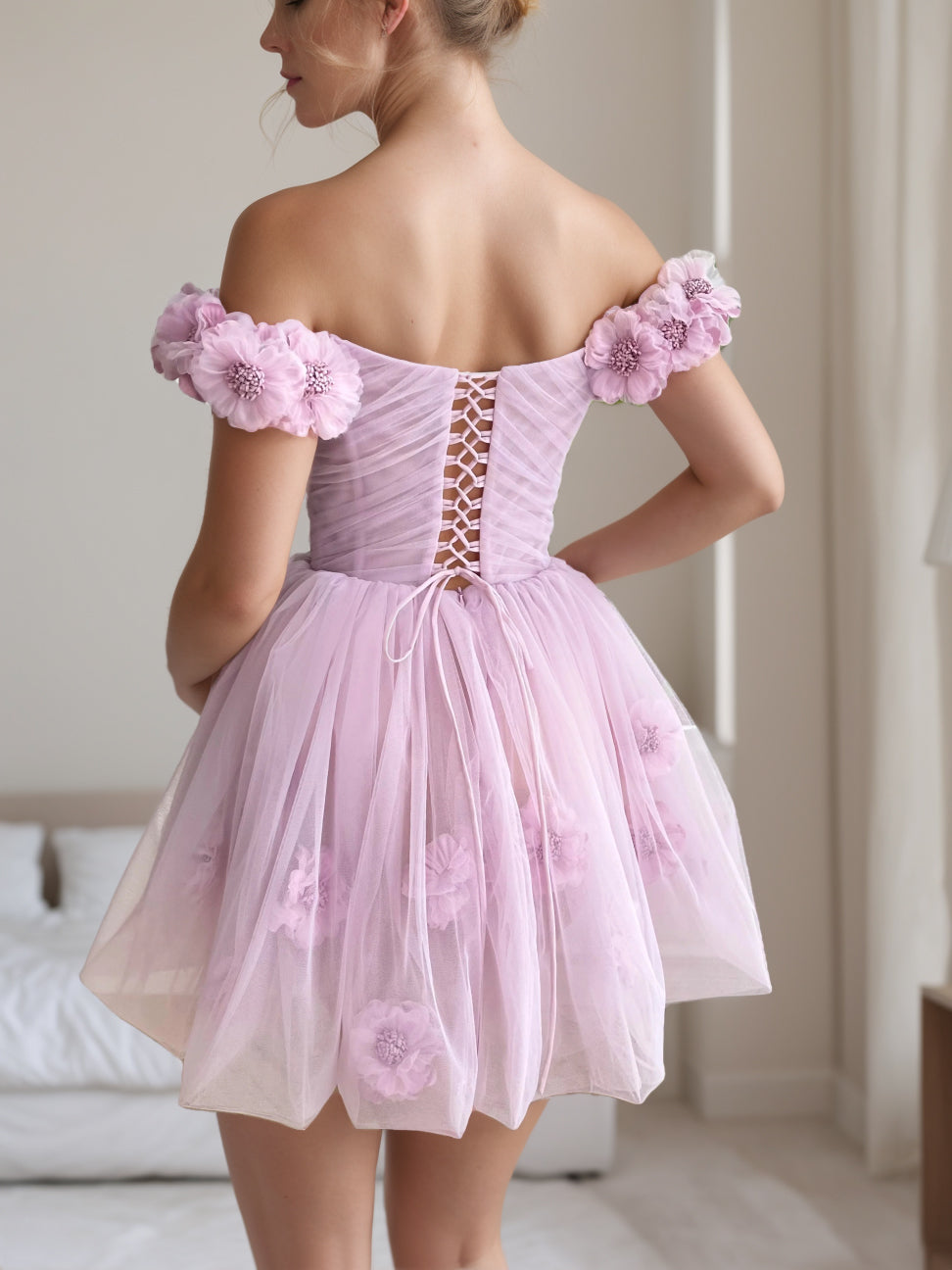 A-Line/Princess Sweetheart Off-the-shoulder Straps Sleeves Short/Mini Party Dance Cocktail Homecoming Dress With Handmade Flowers/Pleats BabaMila