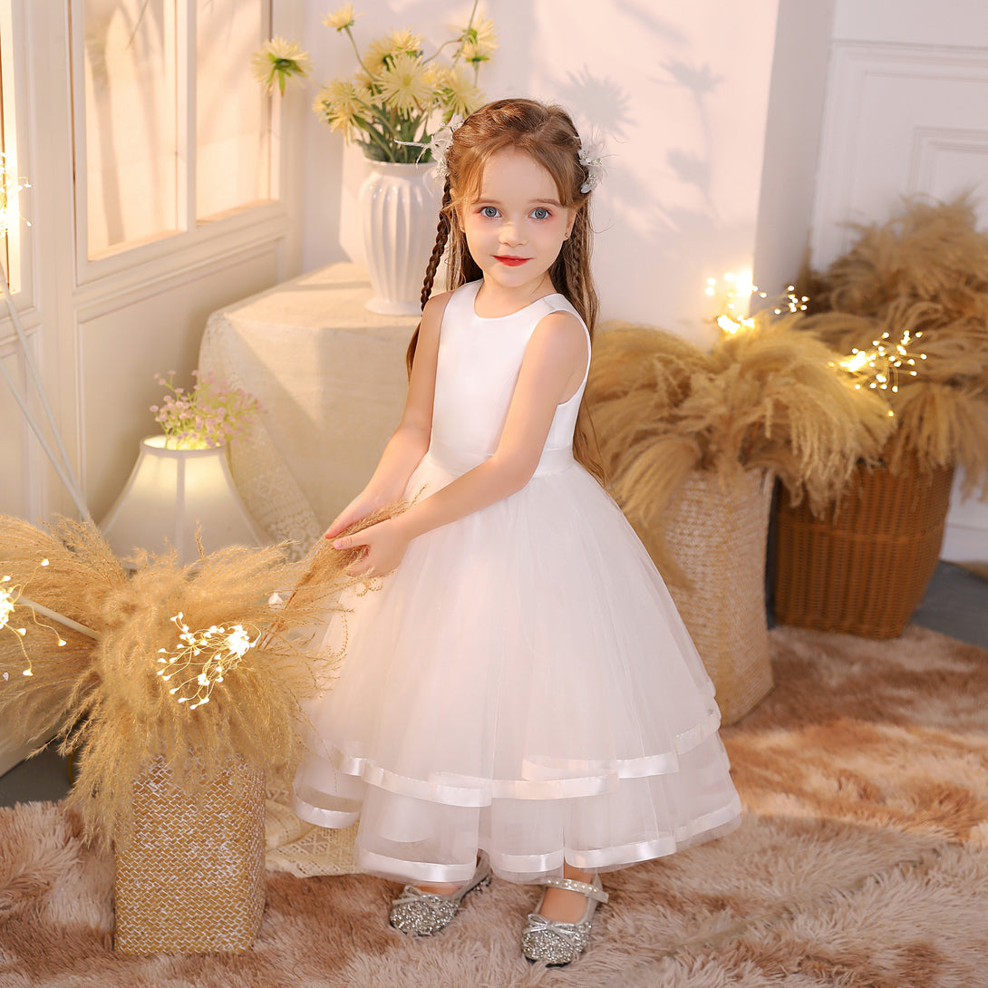 Princess Scoop Neck Sleeveless Tulle/Satin Ivory Tea-Length Flower Girl Dresses/Party Dresses With Belt Girls Gidiondress