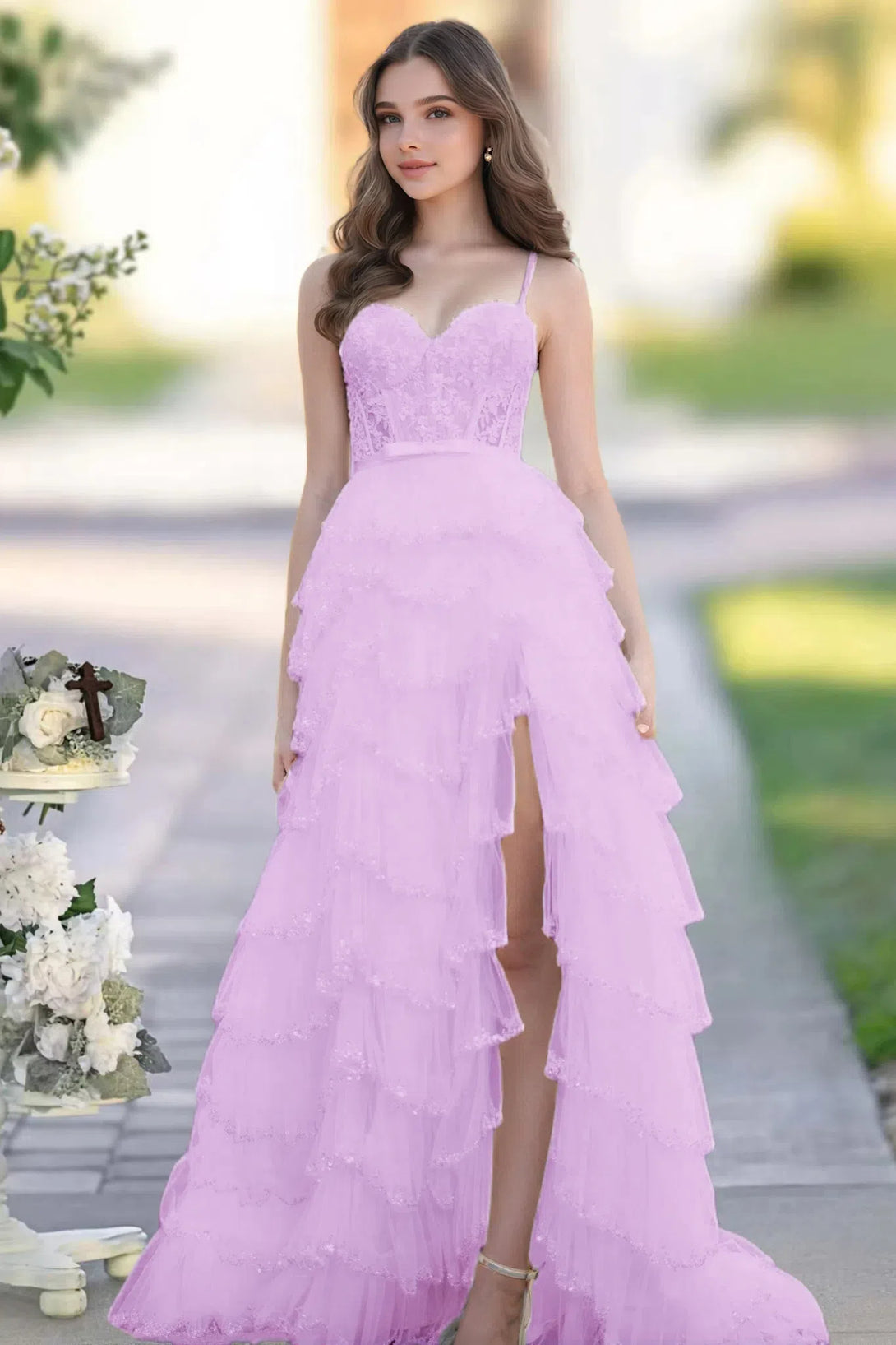 A-line Corset Tiered Ruffle Slit Prom Dress with Appliqued Sequins BabaMila