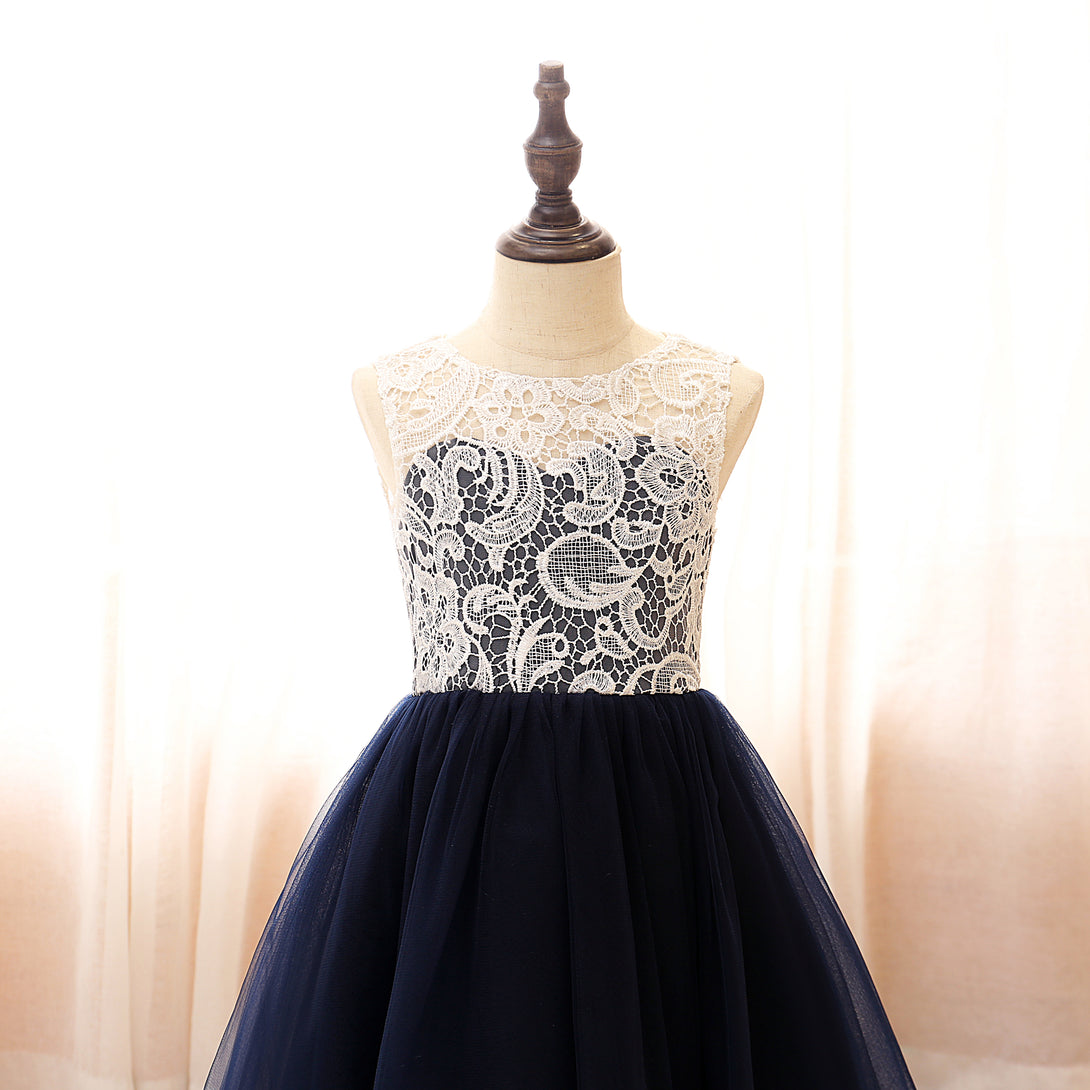 Boat Neck Sleeveless Knee-Length Tulle/Lace Girls Birthday Dresses Gidiondress