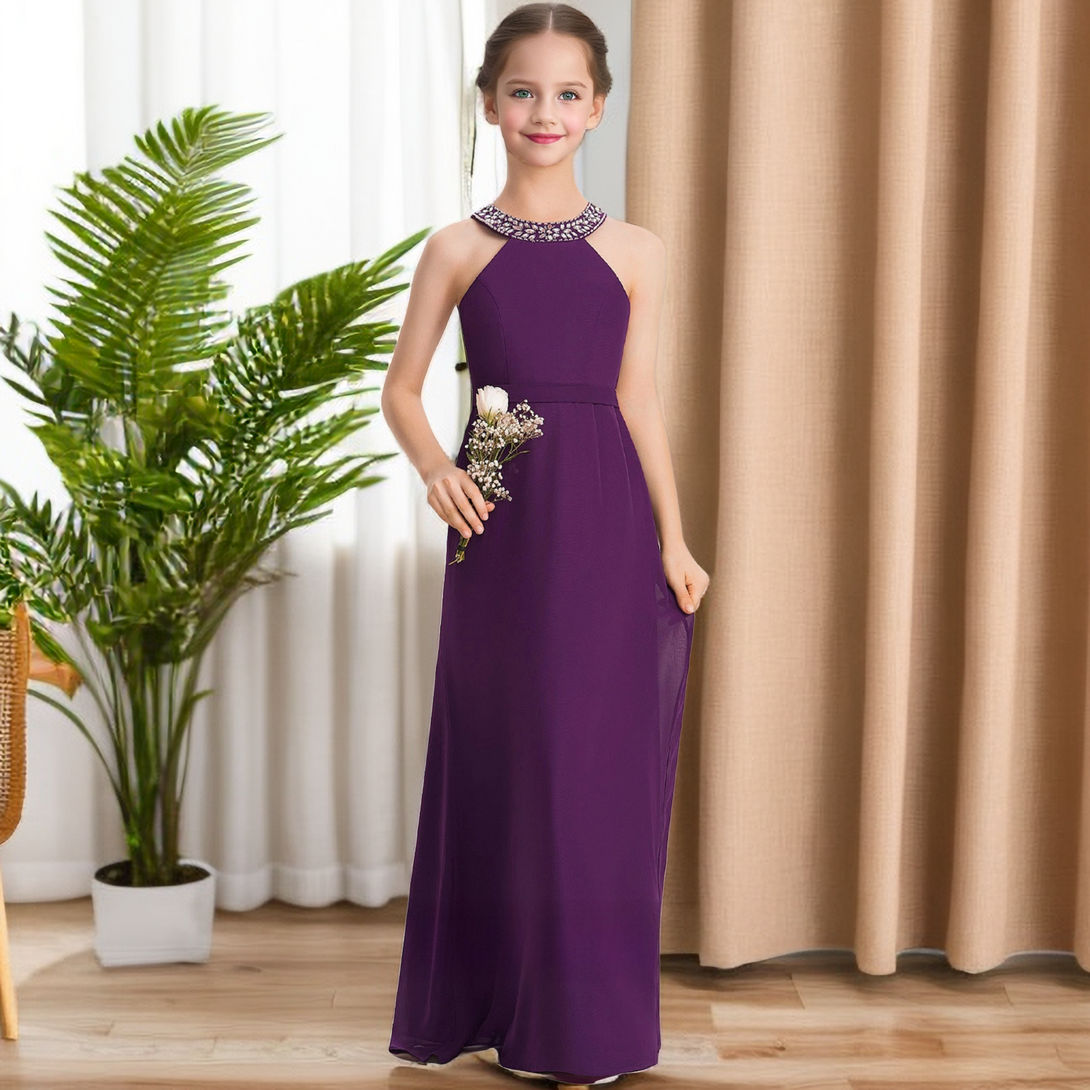 Floor-Length Chiffon Junior Bridesmaid Dresses/Girls Birthday Dresses With Beads/Belt Girls Gidiondress