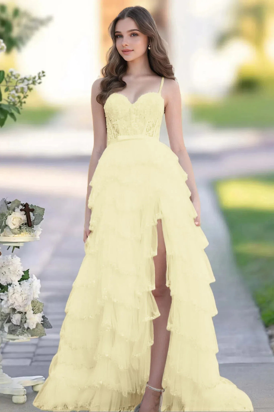 A-line Corset Tiered Ruffle Slit Prom Dress with Appliqued Sequins BabaMila